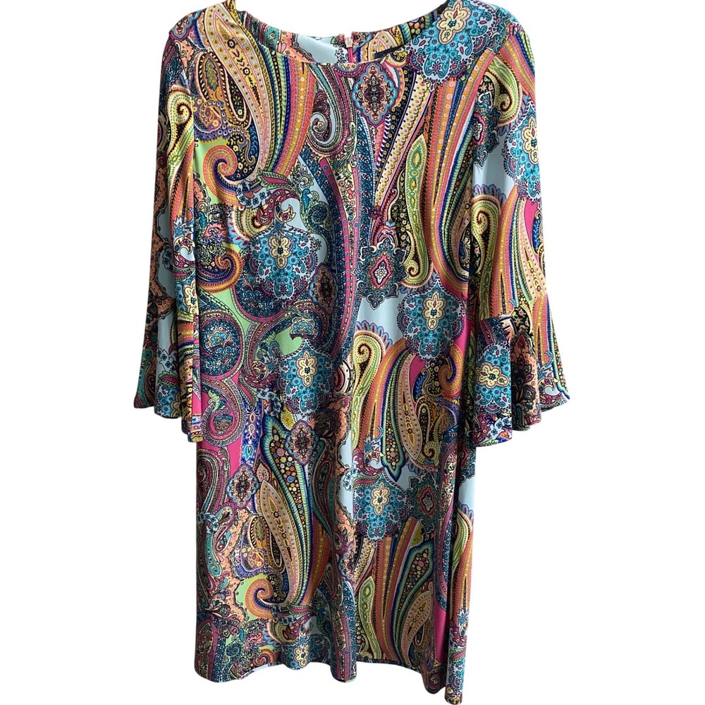 Tommy Hilfiger Womens Paisley Bell Sleeve Shift Dress Multi Color Sz 8 Easy Care